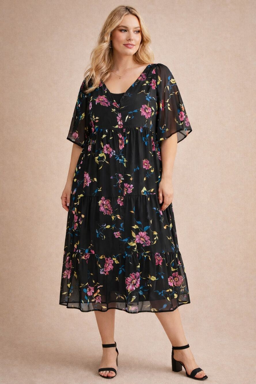 Torrid Black Floral Midi Dress Sz 4 (4XL) Tiered Chiffon Boho Flutter Sleeve